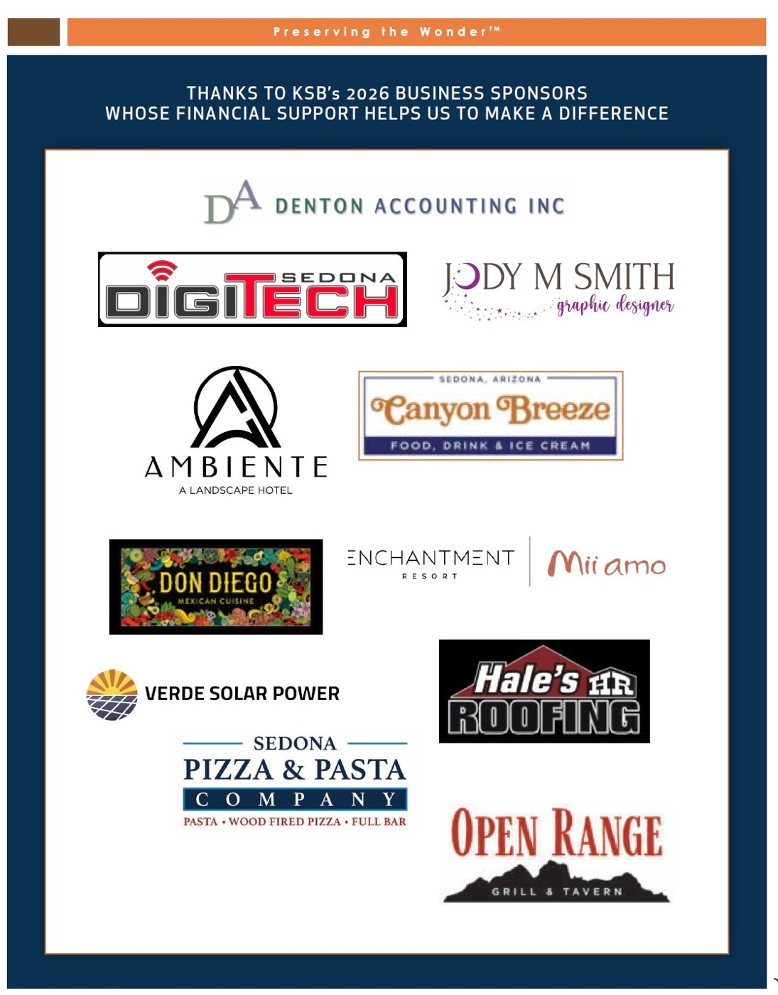 Logos of KSB's 2026 business sponsors, including Denton Accounting, Jody M Smith, DigiTech, Ambiente, Canyon Breeze, Enchantment, Verde Solar Power, Hale's Roofing, Sedona Pizza & Pasta Company and Open Range