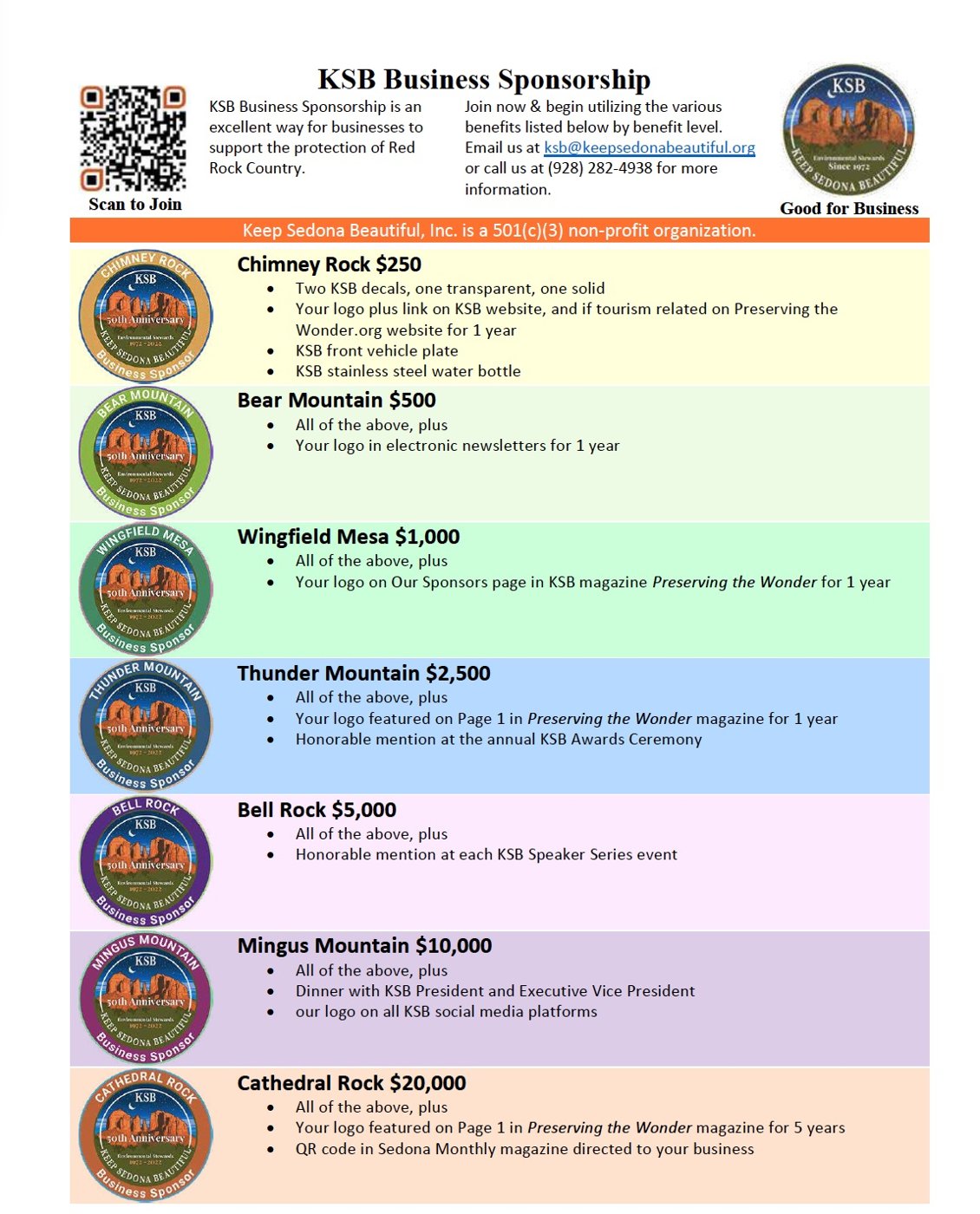 KSB Business Sponsorship levels and benefits: Chimney Rock $250, Bear Mountain $500, Wingfield Mesa $1,000, Thunder Mountain $2,500, Bell Rock $5,000, Mingus Mountain $10,000, Cathedral Rock $20,000. Keep Sedona Beautiful, Inc. is a 501(c)(3) non-profit organization.