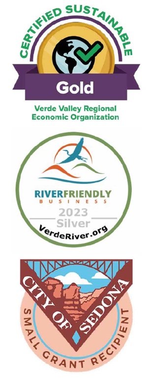 Badges: Certified Sustainable Gold from the Verde Valley Regional Economic Organization, River Friendly Living 2025, and City of Sedona Small Grant Recipient