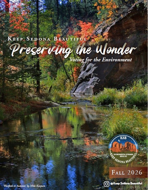 Preserving the Wonder, Fall 2026 cover: autumn cottonwoods reflected in Oak Creek beneath the red rocks