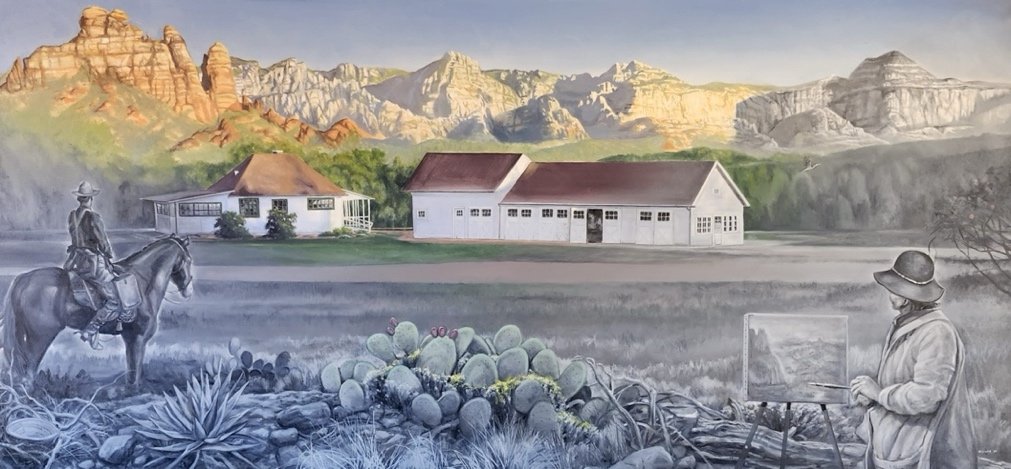 Sepia-toned painting of early Sedona: a rider on horseback, a homestead and orchards beneath the red rocks