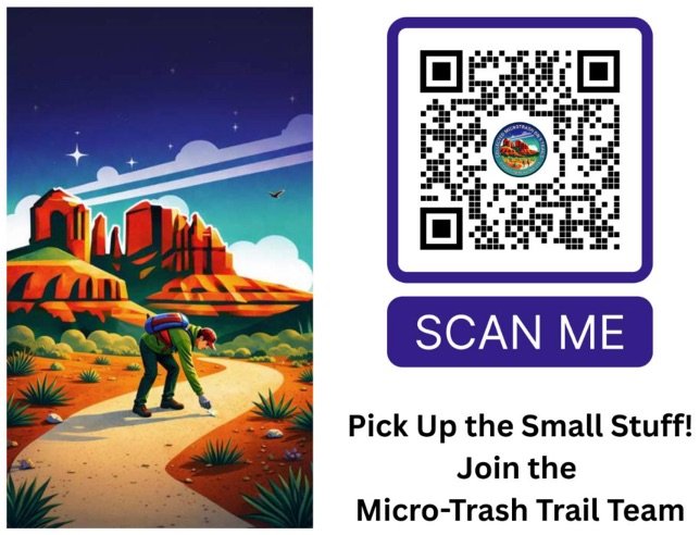 Micro-Trash Trail Team card with a hiker illustration and a QR code: Scan me. Pick up the small stuff! Join the Micro-Trash Trail Team.