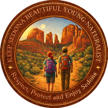 Keep Sedona Beautiful Young Naturalist sticker: two young hikers with backpacks looking toward the red rocks. Respect, Protect and Enjoy Sedona.
